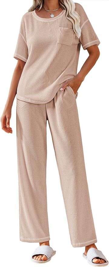 Ekouaer Waffle Knit Pajama Sets Shorts Sleeve Top and Long Pant Lounge Set Soft Loungewear Pjs Se... | Amazon (US)