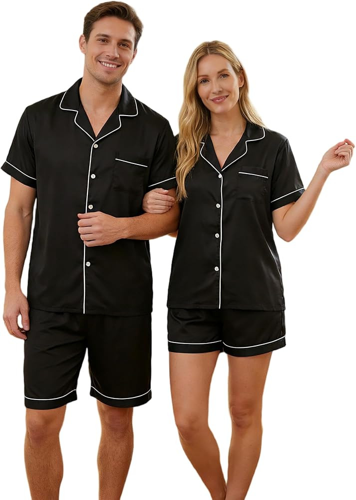 Matching Satin Pajamas for Couples-Women&Men Short Sleeve Button Down 2 Piece Silk Pjs Sets|Pajam... | Amazon (US)