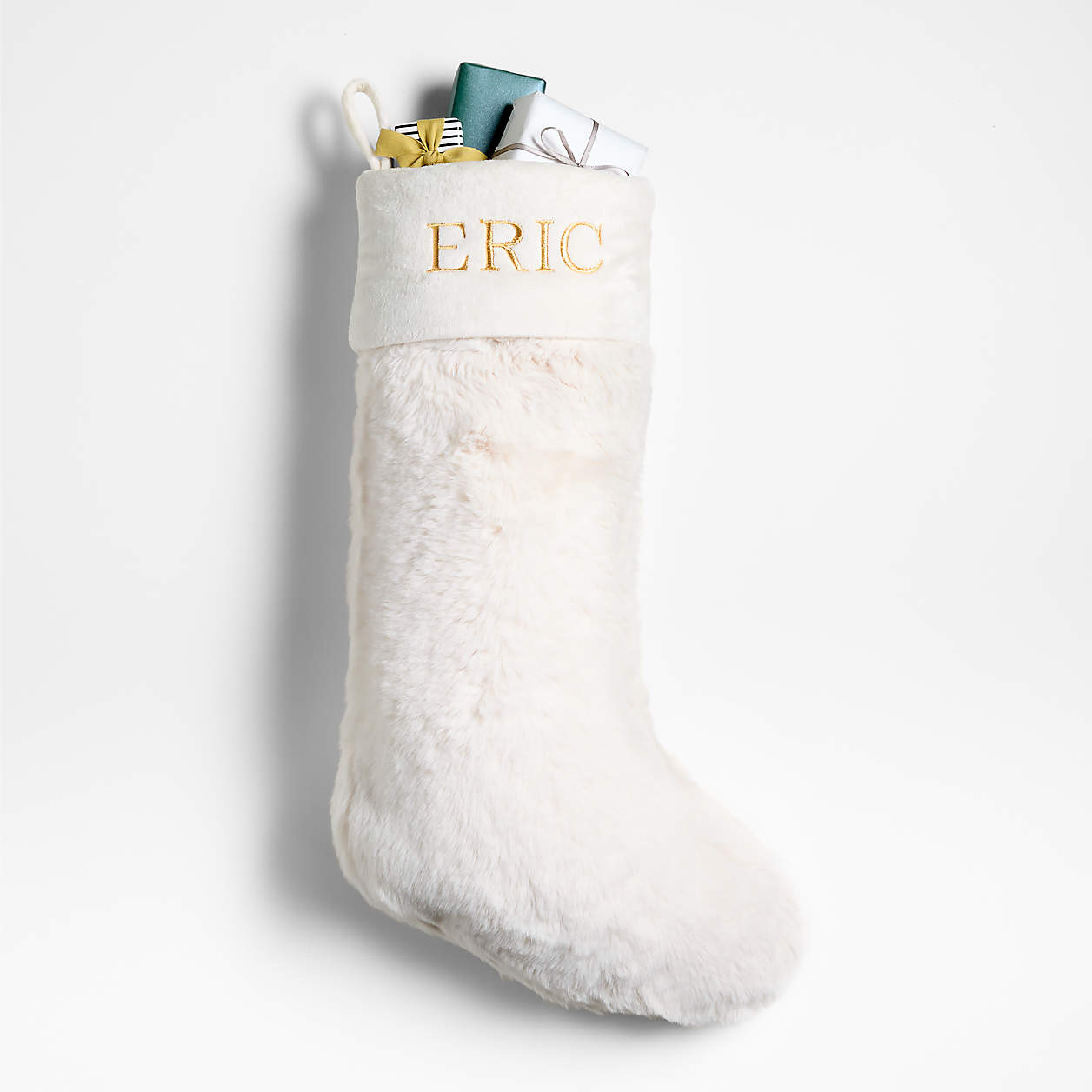 Personalized Winter White Faux Fur Christmas Stocking + Reviews | Crate & Barrel | Crate & Barrel