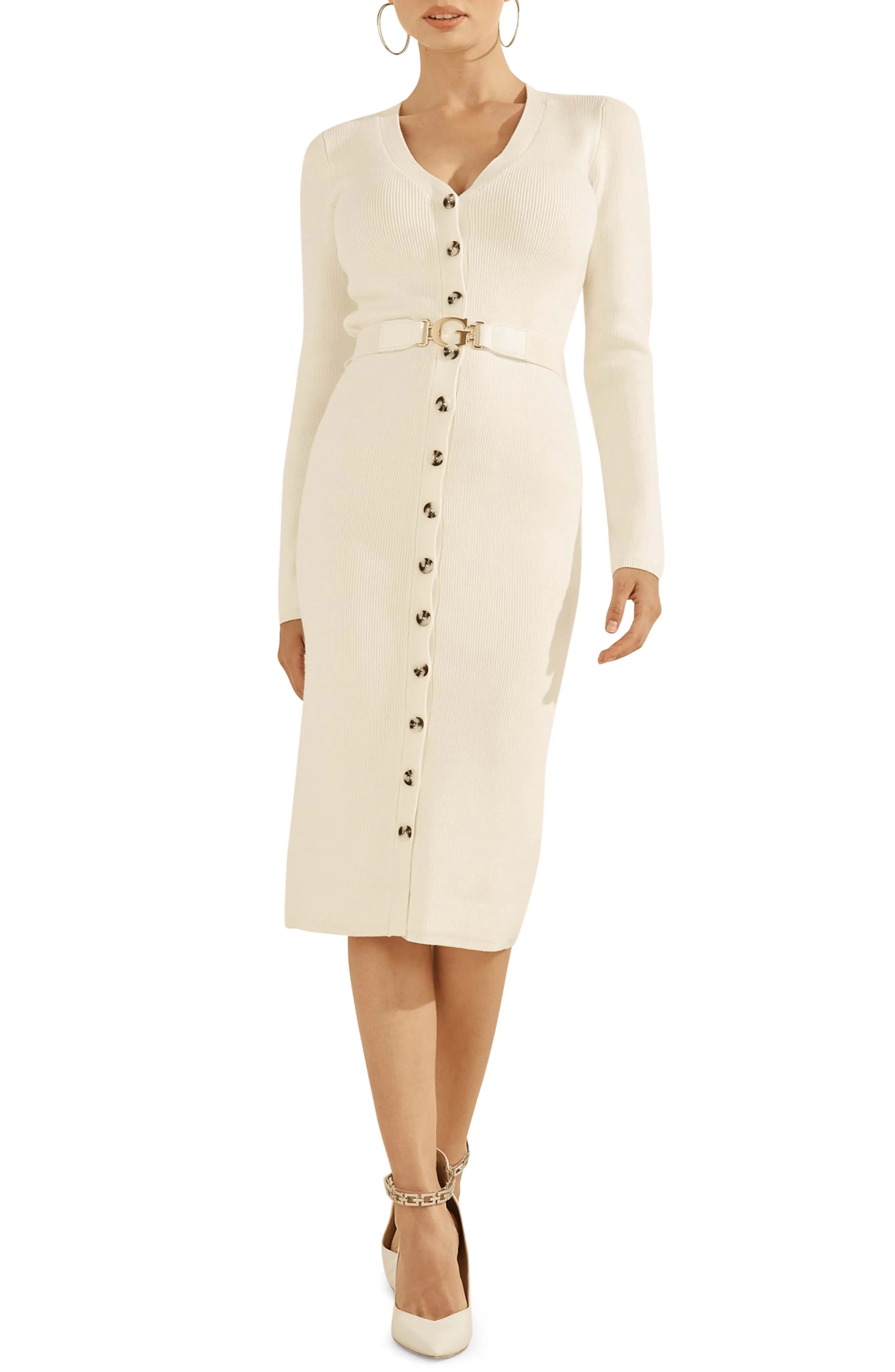 GUESS Luis Belted Long Sleeve Cardigan Dress, Size Medium in Dove White at Nordstrom | Nordstrom