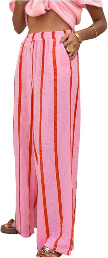 SHENHE Women's Summer Striped Wide Leg Pants Elastic High Waisted Casual Loose Pants Trousers | Amazon (US)