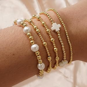 Gold Beaded Bracelets Stack for Women Stackable 14K Gold Plated Beads Ball Cross Bracelet Boho Ch... | Amazon (US)