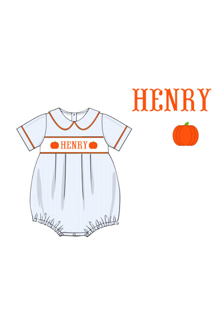 Pre-Order Hand Smocked Custom Name Pinstripe Pumpkin Bubble | The Smocked Flamingo