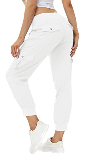 MoFiz Women's Cargo Pants Hiking Joggers Summer Lightweight Quick Dry Athletic Outdoor Sports Sweatpants Travel Casual Button Pockets Rice White 4XL | Amazon (US)