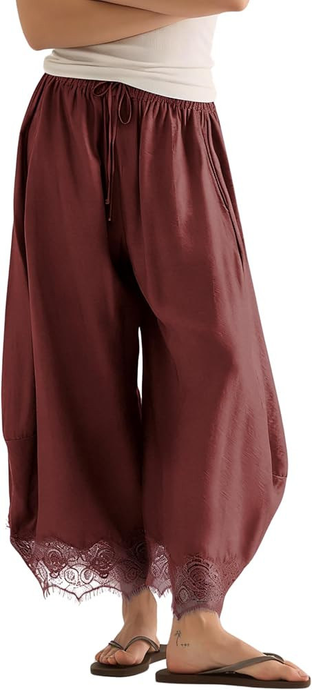 PUWEI Women's Cropped Lace-Hem Pants High Waisted Drawstring Wide Leg Pants Casual Lightweight Tr... | Amazon (US)