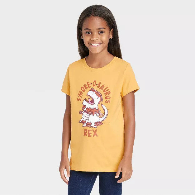 Girls' 'Smore-O-Saurus Rex' Short Sleeve Graphic T-Shirt - Cat & Jack™ Medium Mustard Yellow | Target