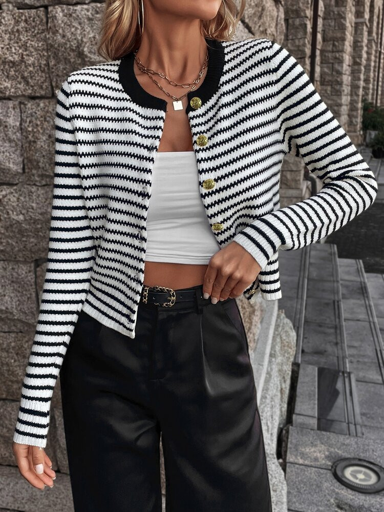 Knit Mix Striped Pattern Button Front Cardigan
       
              
              $19.49       ... | SHEIN