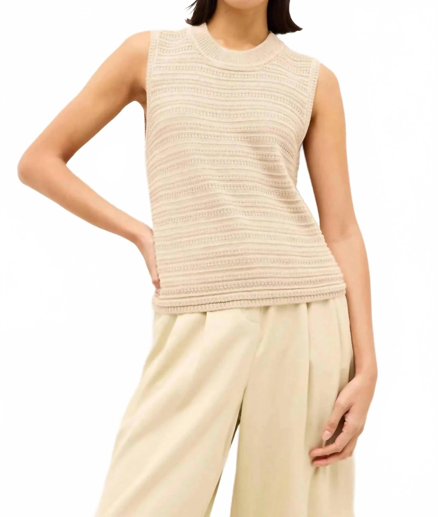 Nev Round Neck Sleeveless Top In Tan | Shop Simon