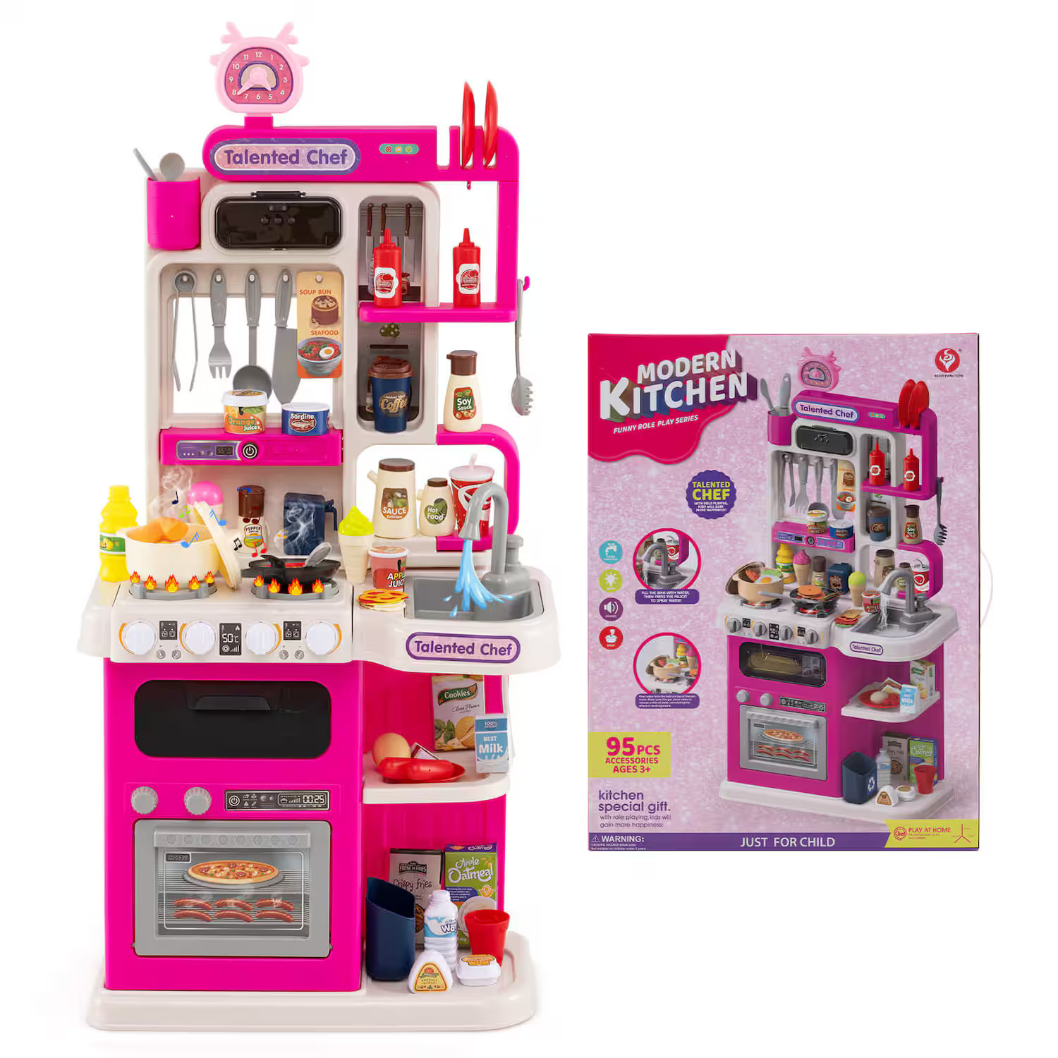 Costway - Kids Kitchen Playset with Realistic Sounds Lights Play Sink 95 PCS Accessories - Pink | Best Buy U.S.
