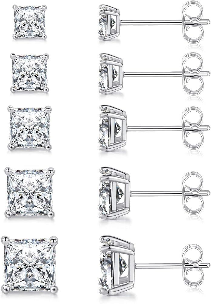 MDFUN 18K White Gold Plated Princess Cut Clear Cubic Zirconia Stud Earring Pack of 5 Pairs | Amazon (US)