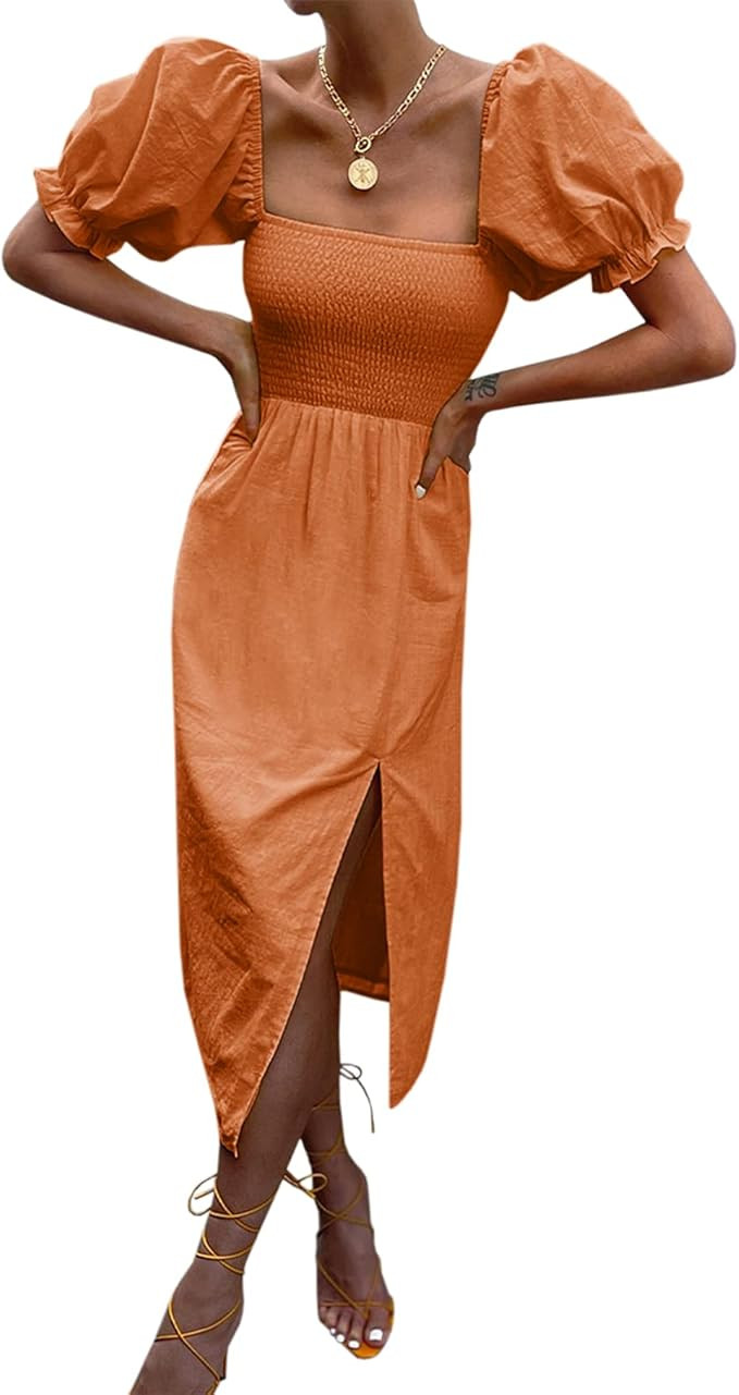 Women's Summer Casual Puff Sleeve Dress Square Neck Smocked Off Shoulder Boho Side Split Midi Dre... | Amazon (US)