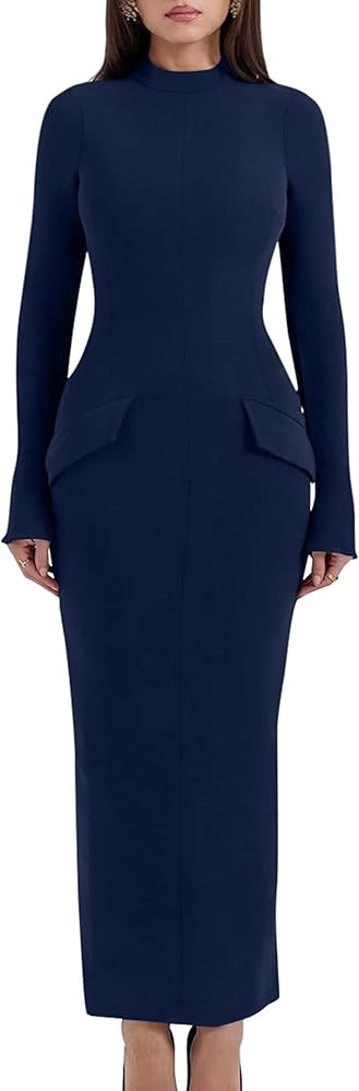 YMDUCH Women's Long Sleeve Mock Turtle Neck Bodycon Back Slit Club Party Long Pencil Dress | Amazon (US)