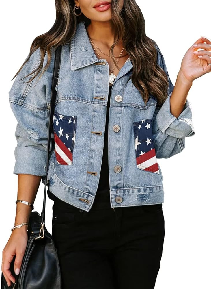 ZOLUCKY Womens Denim Jacket Distressed Frayed Ripped Jean Jacket Casual Button Down Light Jackets | Amazon (US)