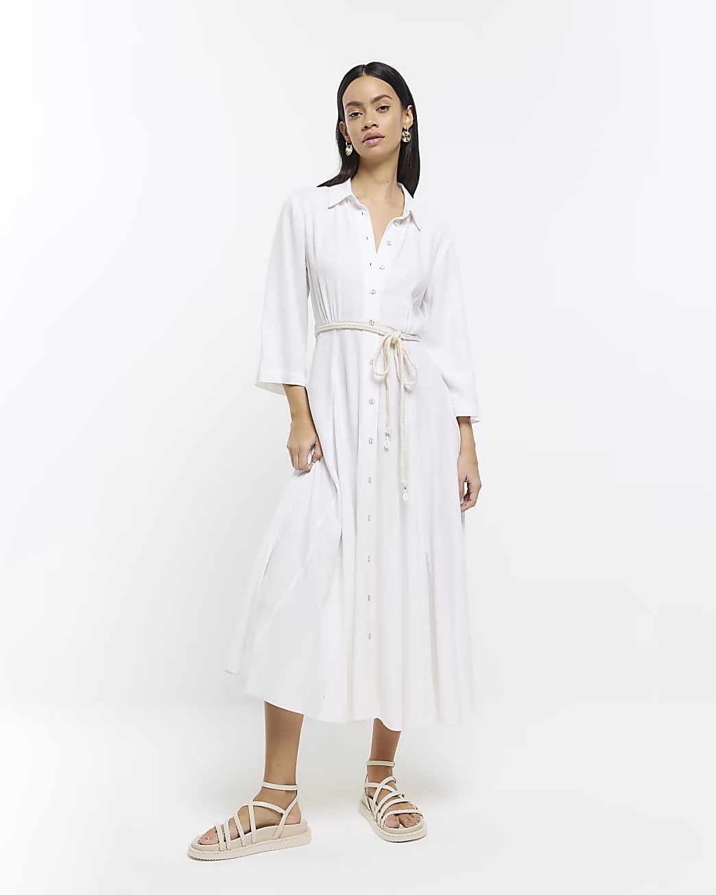 White midi shirt dress with linen | River Island (UK & IE)