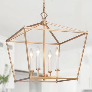 LNC 17.5 in. W Gold Chandelier Modern Candlestick Island 4-Light Lantern Cage Linear Geometric Pe... | The Home Depot