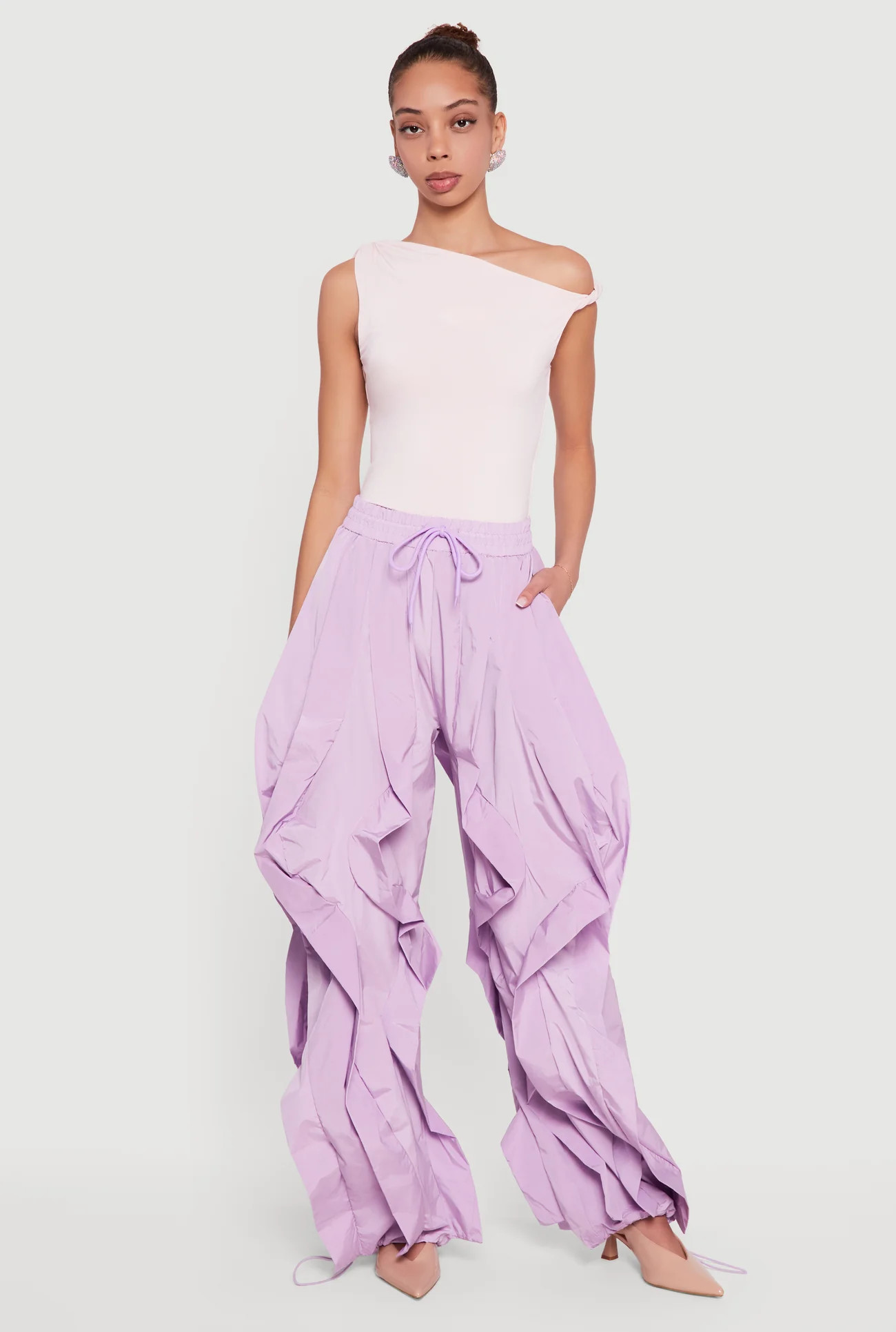 Drawstring Waist Ruffle Parachute Pants | Rainbow Shops