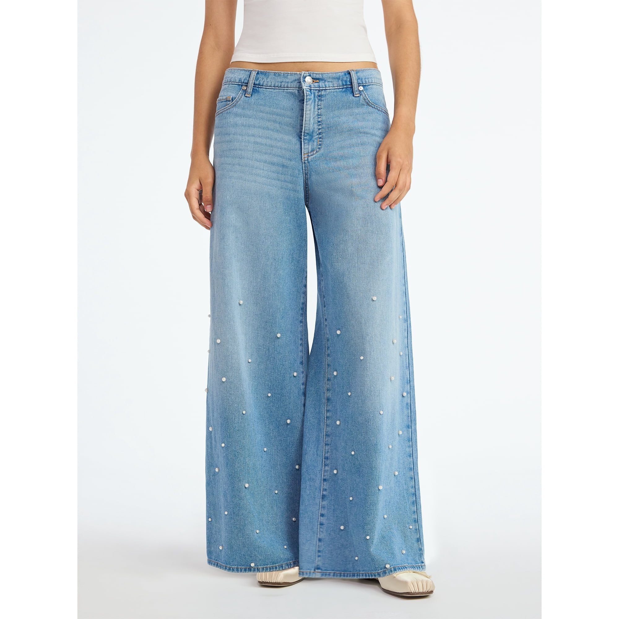 Scoop Women's and Women’s Plus Wide Leg Jeans with Faux Pearl Accents, Sizes 0-26W | Walmart (US)