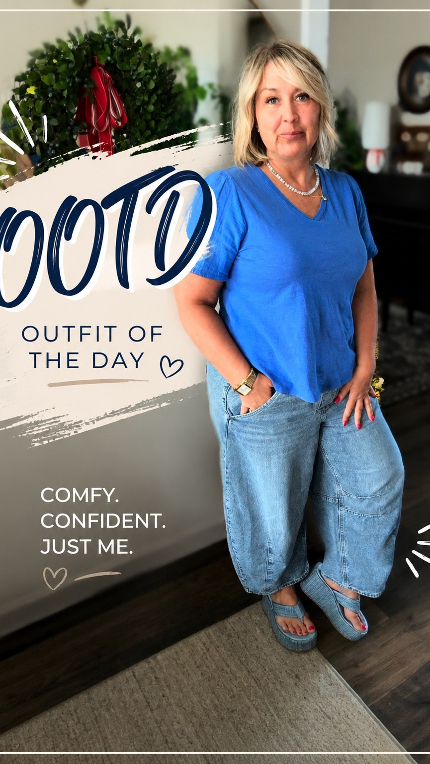 A bright blue tee, relaxed barrel jeans, and comfy platform sandals make this the perfect everyday summer look. As a size 14, I love outfits that feel effortless while still looking put together.

#OOTD #MidsizeFashion #Over50Style #EverydayStyle #SummerOutfit

#LTKOver40 #LTKMidsize #LTKootd