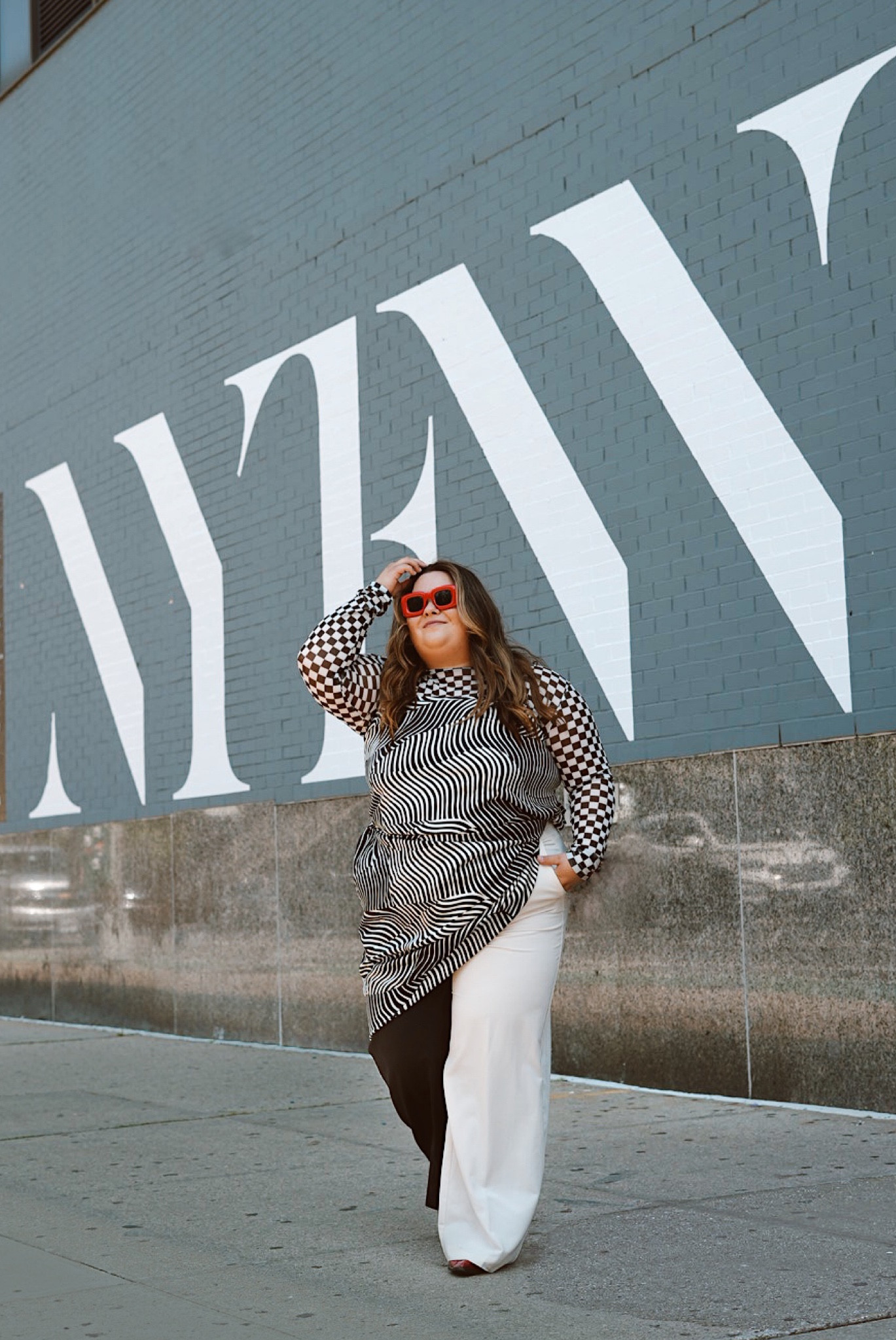Plus size NYFW New York Fashion Week outfit on a size 20 
Wearing ELOQUII pants size 20 
Maxi dress as a shirt size XXL
Checkerboard mesh long sleeve size XXL 

#LTKplussize #LTKfindsunder50 #LTKSale