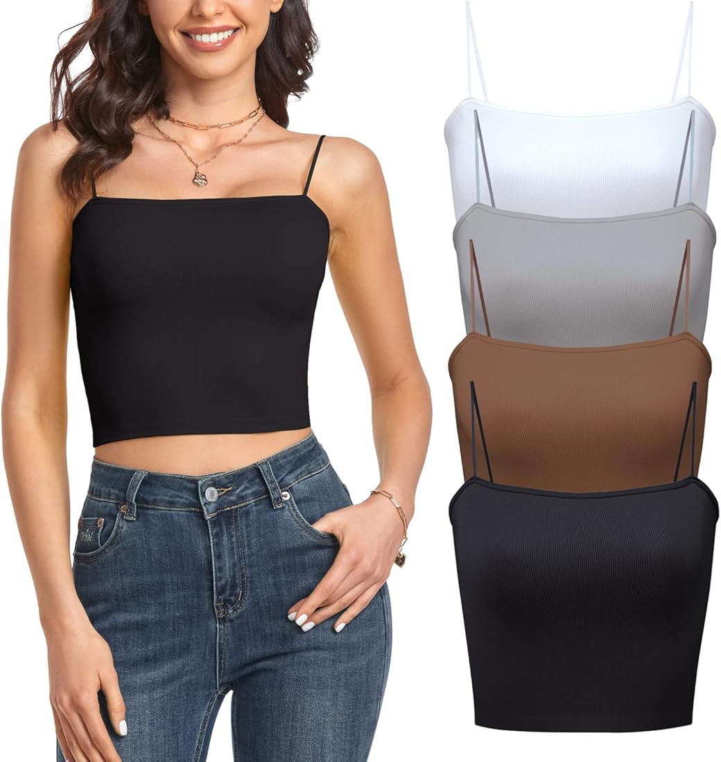 Lataly Women's 4 Piece Sleeveless Basic Vest Seamless Rib-Knit Summer Spaghetti Strap Crop Tank T... | Amazon (US)