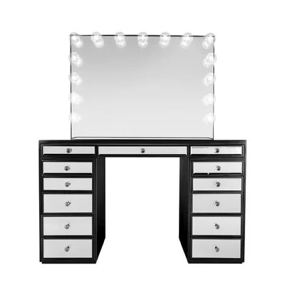 SlayStation Plus Premium Mirrored Vanity Table with Double Decker Drawers and Clear Glass Top | Wayfair North America