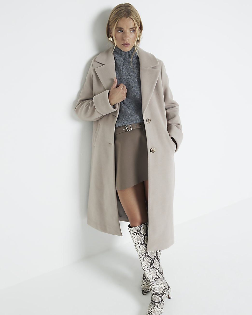Brown wool blend roll sleeve longline coat | River Island (UK & IE)