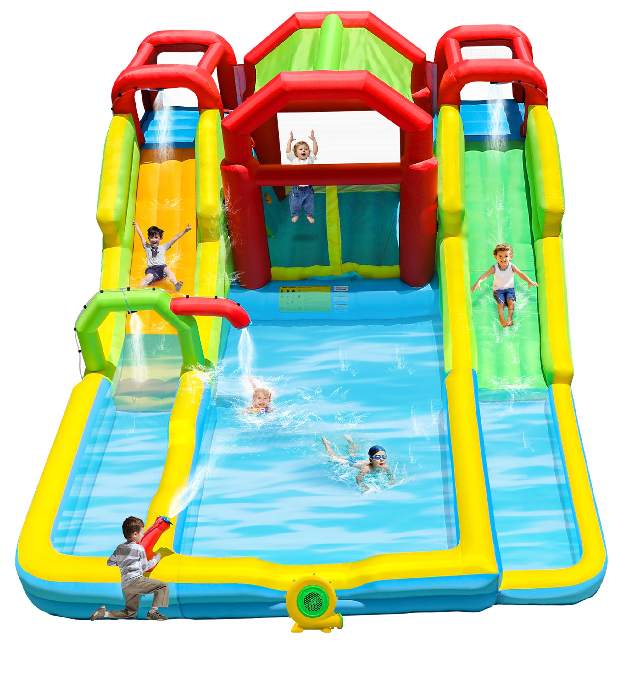 Inflatable Water Double Slides Park with Blower, Shade Tent Bounce House with 2 Climbing Walls, 3... | Amazon (US)