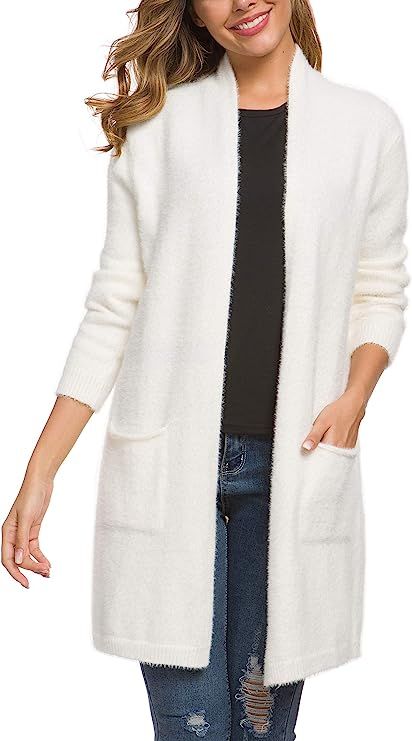 QIXING Women's Casual Open Front Knit Cardigans Long Sleeve Plush Sweater Coat with Pockets | Amazon (US)