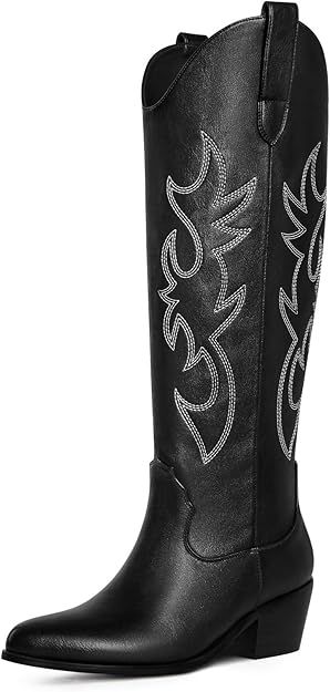 Ouepiano Cowboy Boots for Women Knee High Wide Calf Cowgirl Boots Embroidered Chunky Heels Pointe... | Amazon (US)