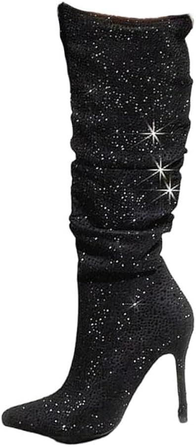 Women’s Glitter Suede Pointed Toe Rhinestone Long Boots Thin Heel Party Knee-High Boots | Amazon (US)