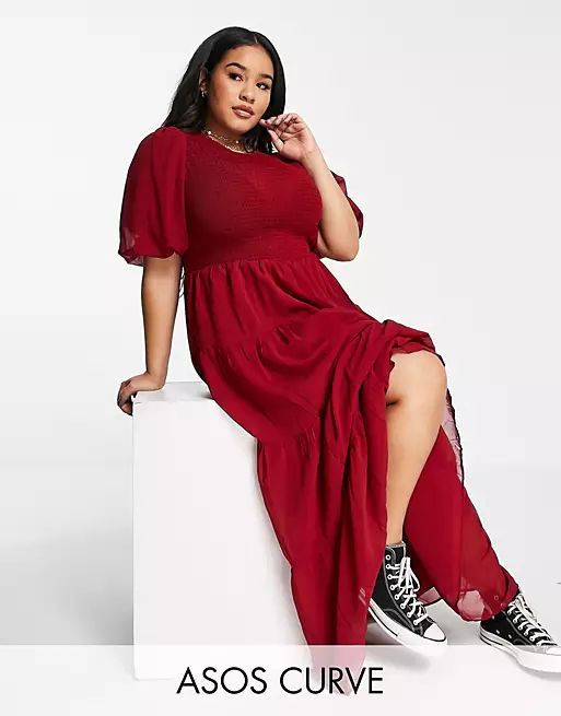 ASOS DESIGN Curve shirred tiered maxi dress in oxblood | ASOS (Global)