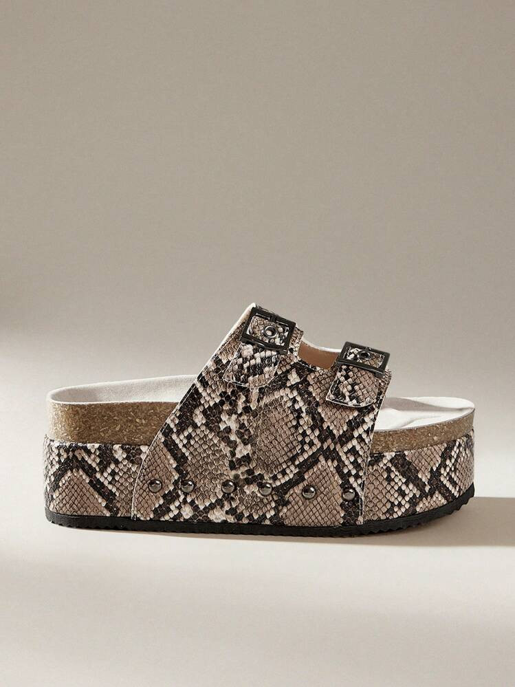 Solecia Women's Fashion Snake Skin Print Adjustable Buckle Thick Sole Slippers | SHEIN