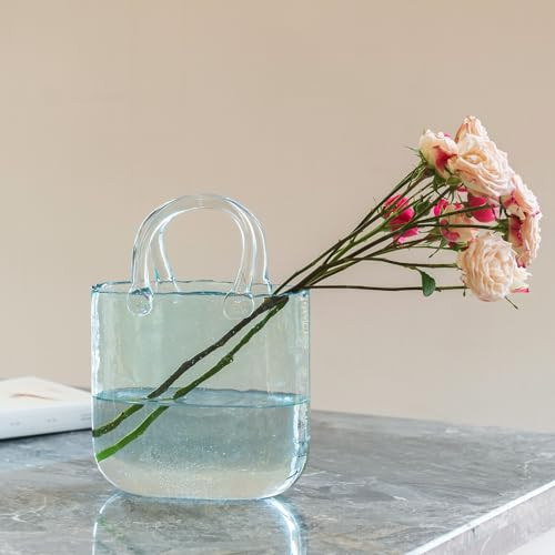 Purse Vase for Flowers, Glass Vase, Fish Bowl with Bubble, Handbag Shape Clear Bottle Body, 10.6" Transparent Bubble Design, Suitable for Birthdays, Holidays, Everyday Decorations, Blue | Amazon (US)