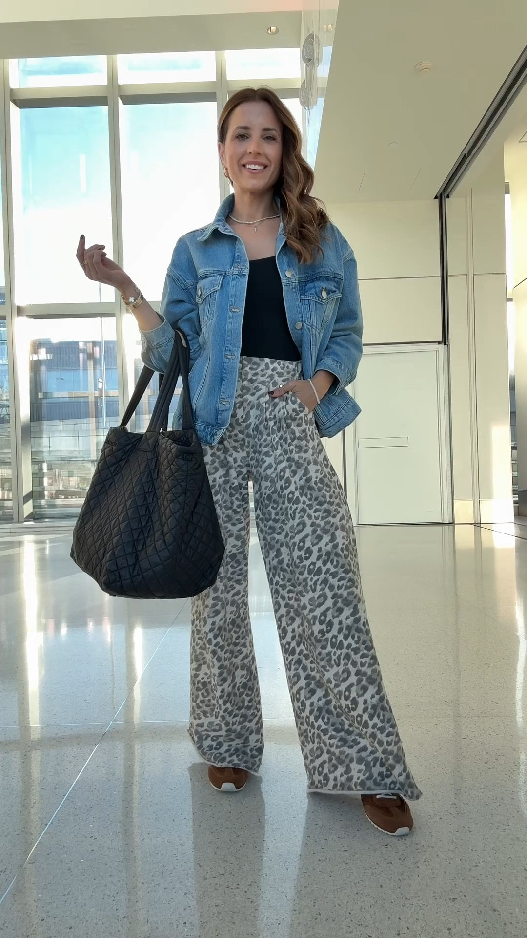 My travel outfit of the day! Leopard trouser style sweatpants in XXS regular. Denim jacket in XXS petite. Tory Burch suede sneakers are SO comfy! I went up half a size! Fall outfit. Airport outfit. MZ Wallace quilted travel tote. 


#LTKFindsUnder100 #LTKootd #LTKTravel
