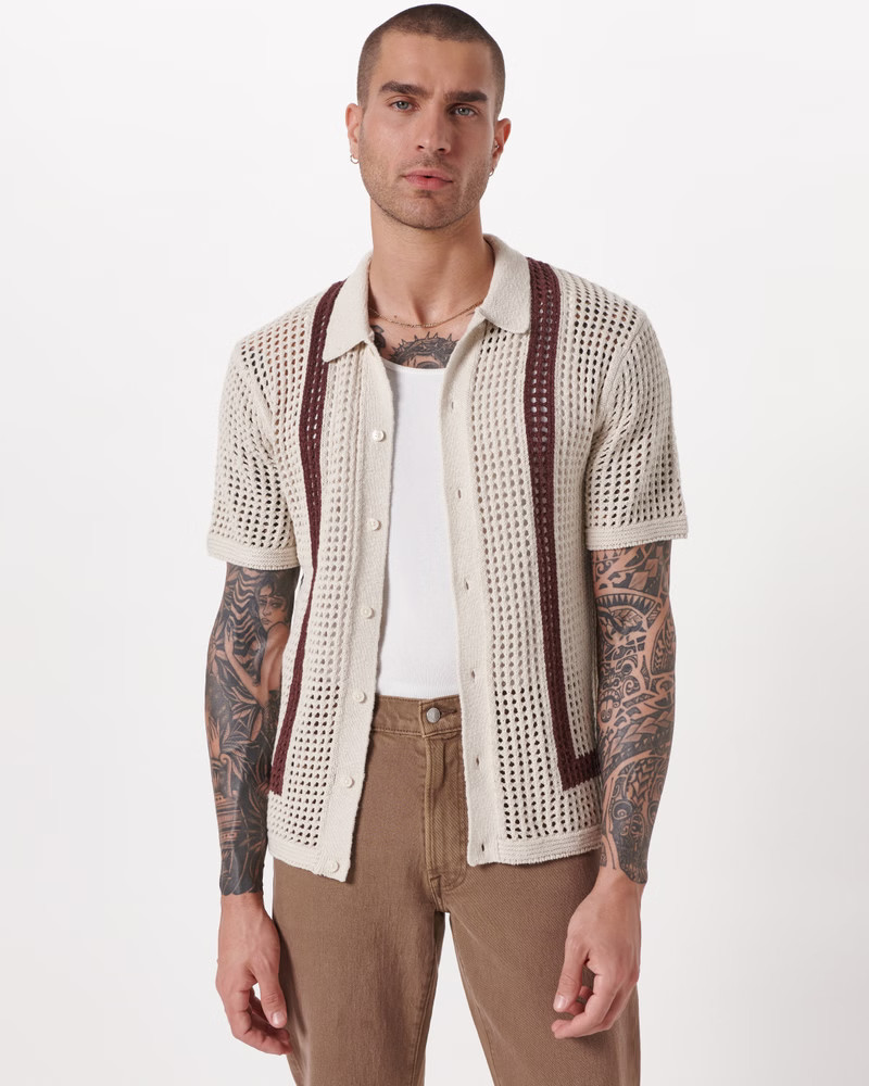 Crochet Border Stripe Button-Through Sweater Polo | Abercrombie & Fitch (US)