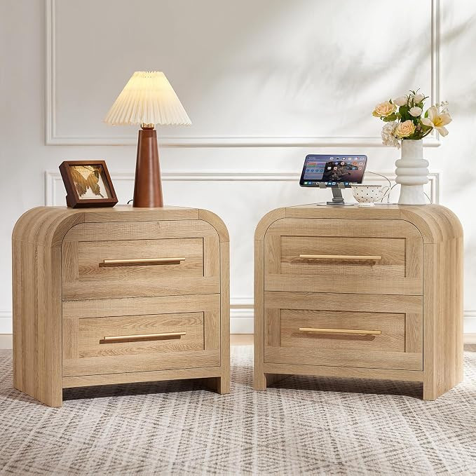 Night Stand Set 2 with Charging Station, Curved Modern Nightstand with 2 Drawers & Metal Handle,2... | Amazon (US)