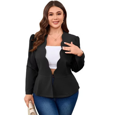 Women's Plus Size Blazer Scalloped V-Neck Puff Sleeve Peplum Hem Single Button Formal Casual Jacket Black 5XL | Target