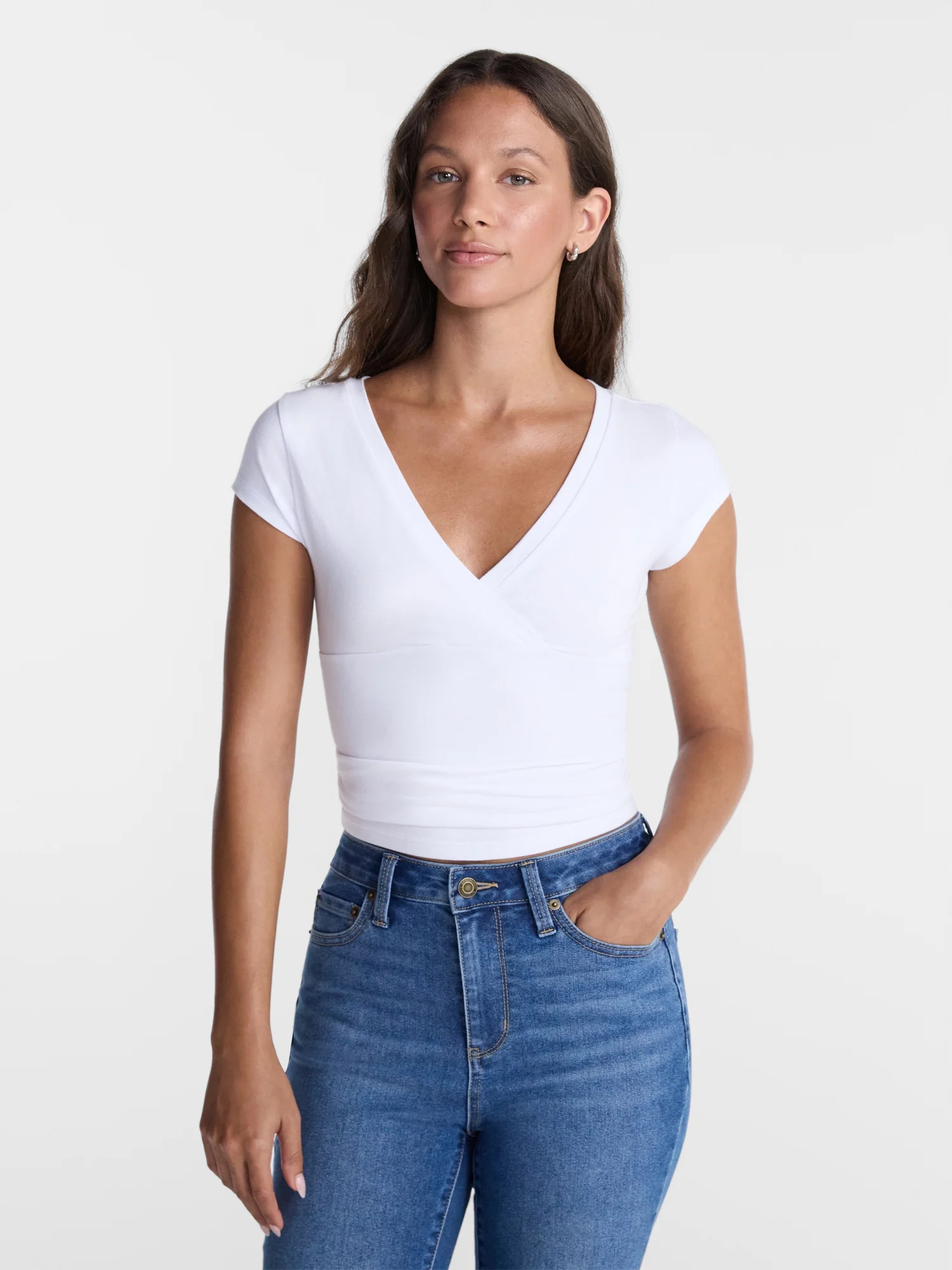 No Boundaries Surplice Top with Cap Sleeves, Women’s XXS-XXL | Walmart (US)