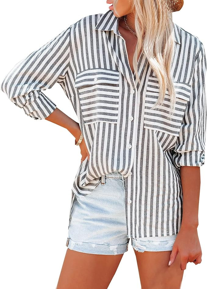 OMSJ Women's Striped Button Down Shirts Casual Long Sleeve Stylish V Neck Blouses Tops with Pocke... | Amazon (US)