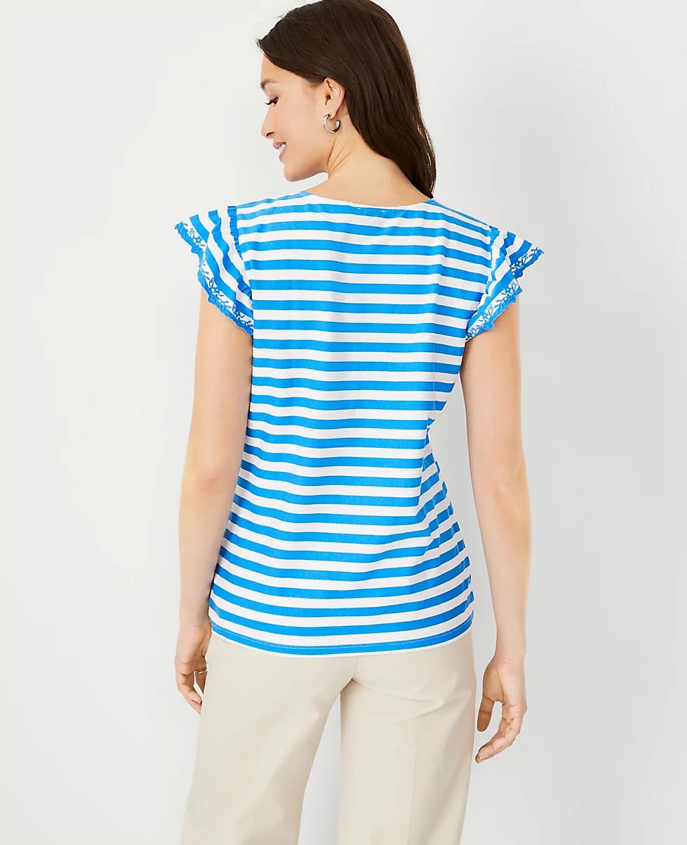 Stripe Embroidered Ruffle Sleeve Shell | Ann Taylor (US)
