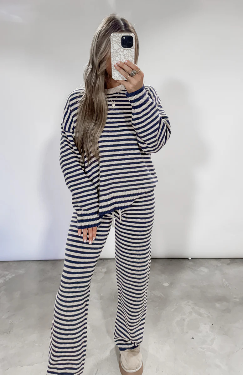Bound To Be Cozy Striped Sweater & Wide Leg Pant Set - Navy/Taupe | CK Squared Boutique