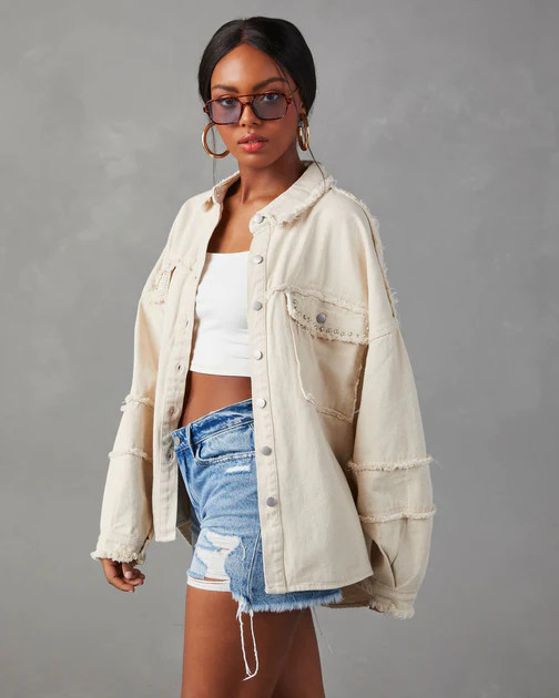 Dolly Cotton Frayed Denim Shacket - Cream | VICI