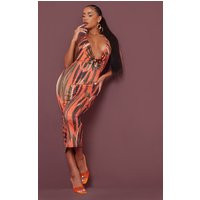 Orange Abstract Print Slinky Cowl Midi Dress | PrettyLittleThing CAN