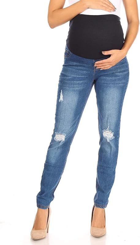 Women's Maternity Jeans Jeggings Full-Panel Pull-On Ripped Distressed Stretchy Skinny Denim Pant | Amazon (US)