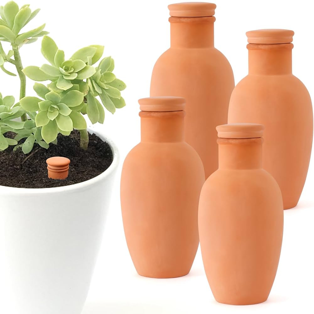 4pcs Ollas 3.1inch Plant Watering Globes Clay Watering Pot with lid Terra Cotta Clay Irrigation G... | Amazon (US)