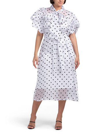 Polka Dot Puff Sleeve Tie Neck Midi Dress for Women | Polyester/Cotton | Marshalls