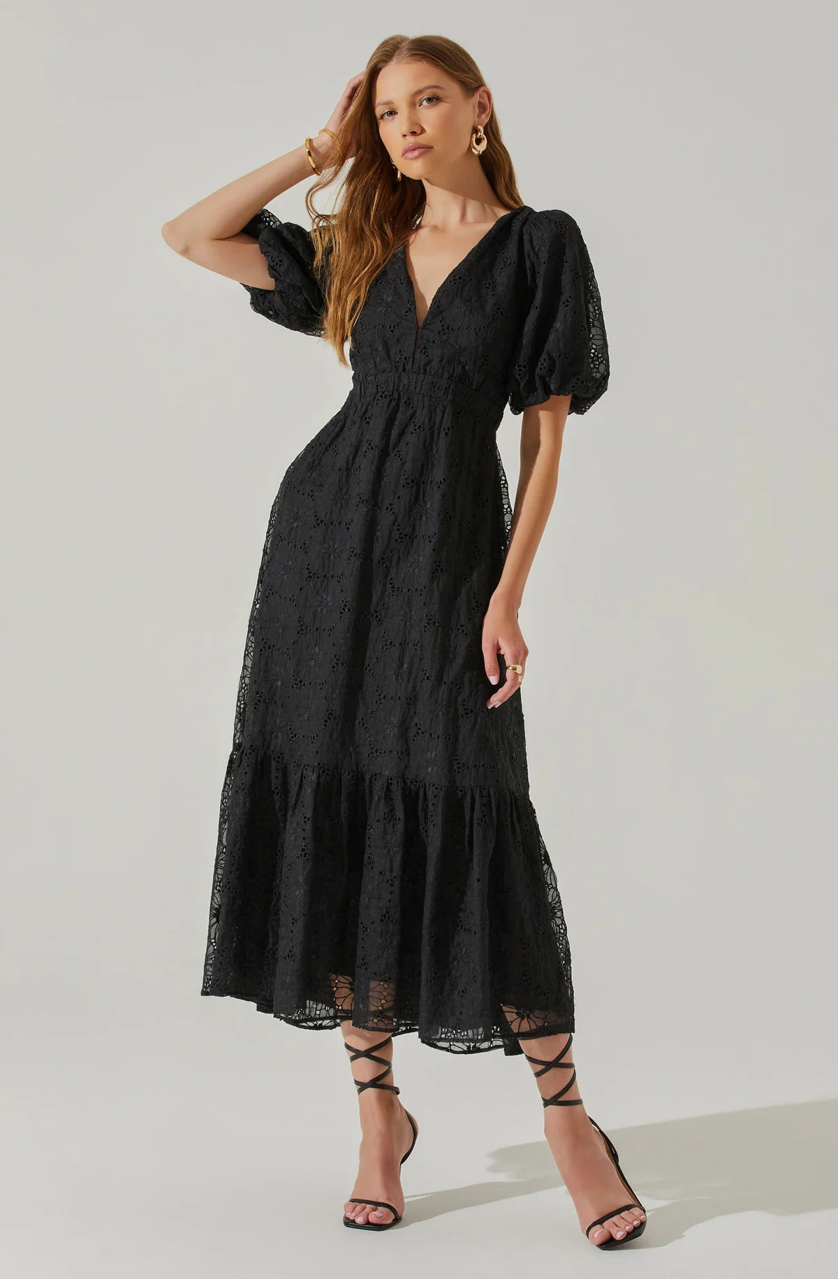 Jaxine Eyelet Puff Sleeve Open Back Midi Dress | ASTR The Label (US)