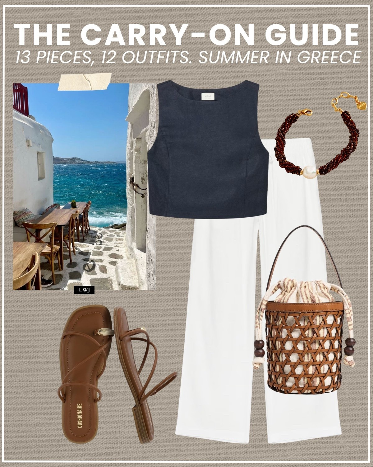 carry-on guide for a summer in greece 

Amazon cushionaire flip flops run half a size big 

greece / summer vacation / myokonos / santorini / island hopping / cushionaire strappy sandals / navy boxy cut tank / white linen pants / woven bucket tote / beaded necklace / summer outfit

#LTKootd #LTKTravel