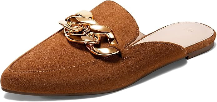 Juliet Holy Womens Mules Flats Pointed Toe Backless Loafers Slip on Metal Chain Slides | Amazon (US)