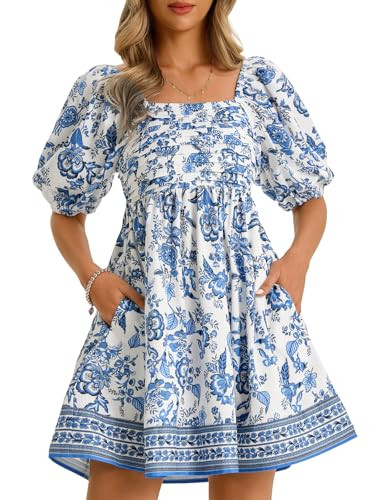 Wenrine Womens Summer Square Neck Mini Dresses Casual Floral Puff Short Sleeve Smocked High Waist... | Amazon (US)